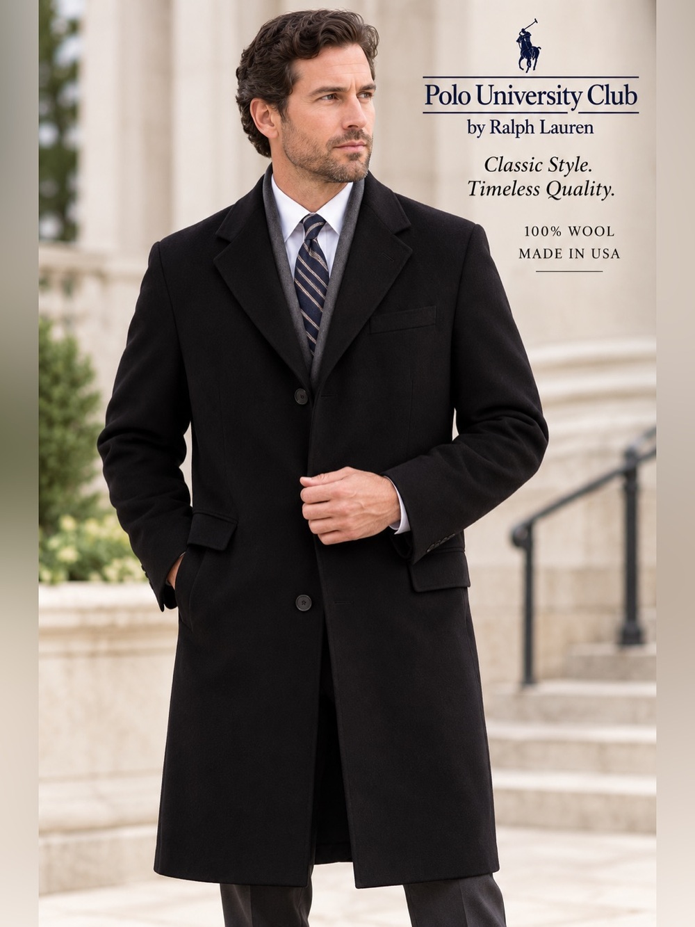 Vintage Polo University Club by Ralph Lauren 100% Wool Black Overcoat